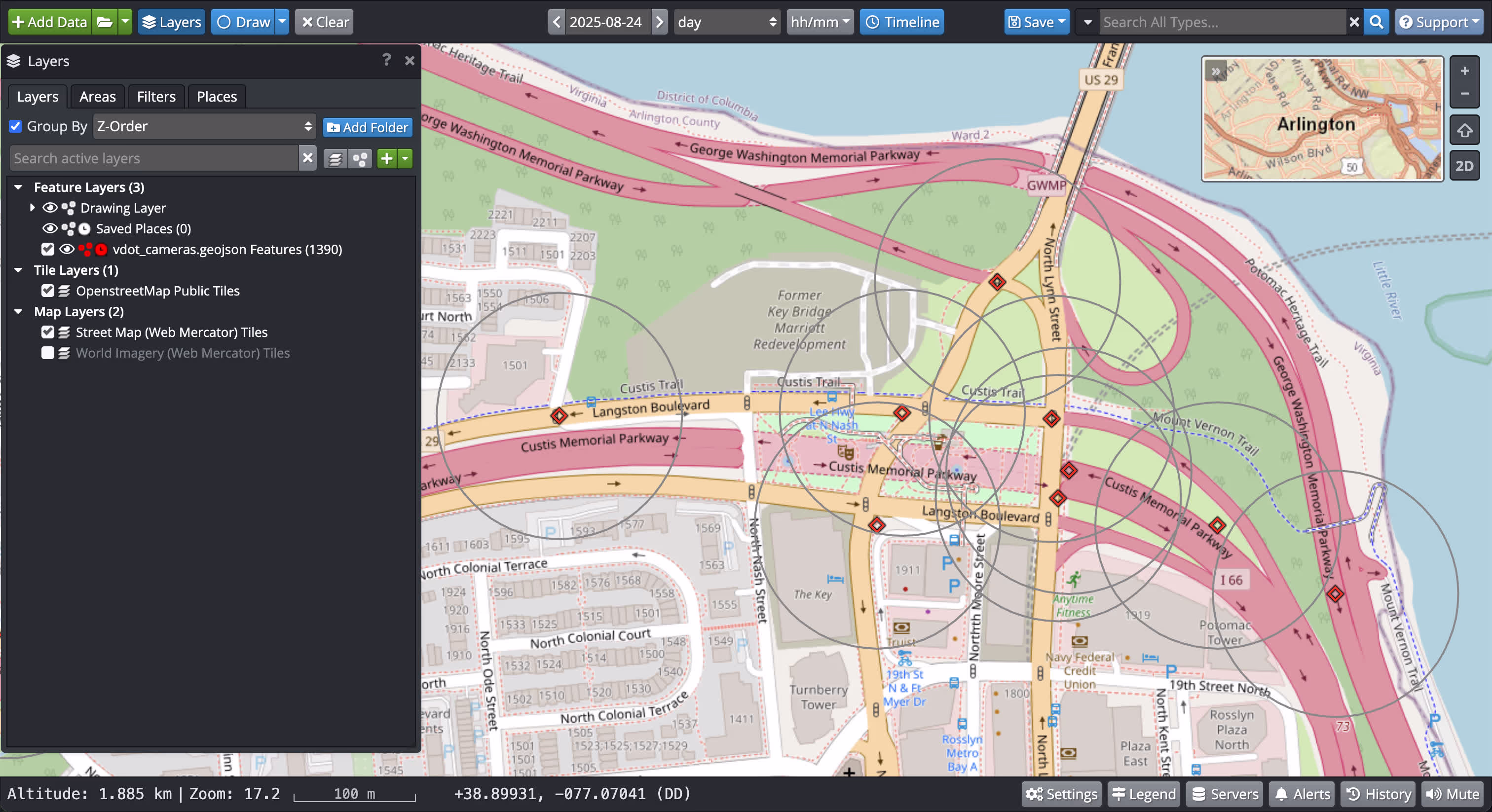 Geofencing visualization map showing 100-meter radius surveillance zones around VDOT traffic cameras using OpenSphere geospatial analysis software for UTS monitoring