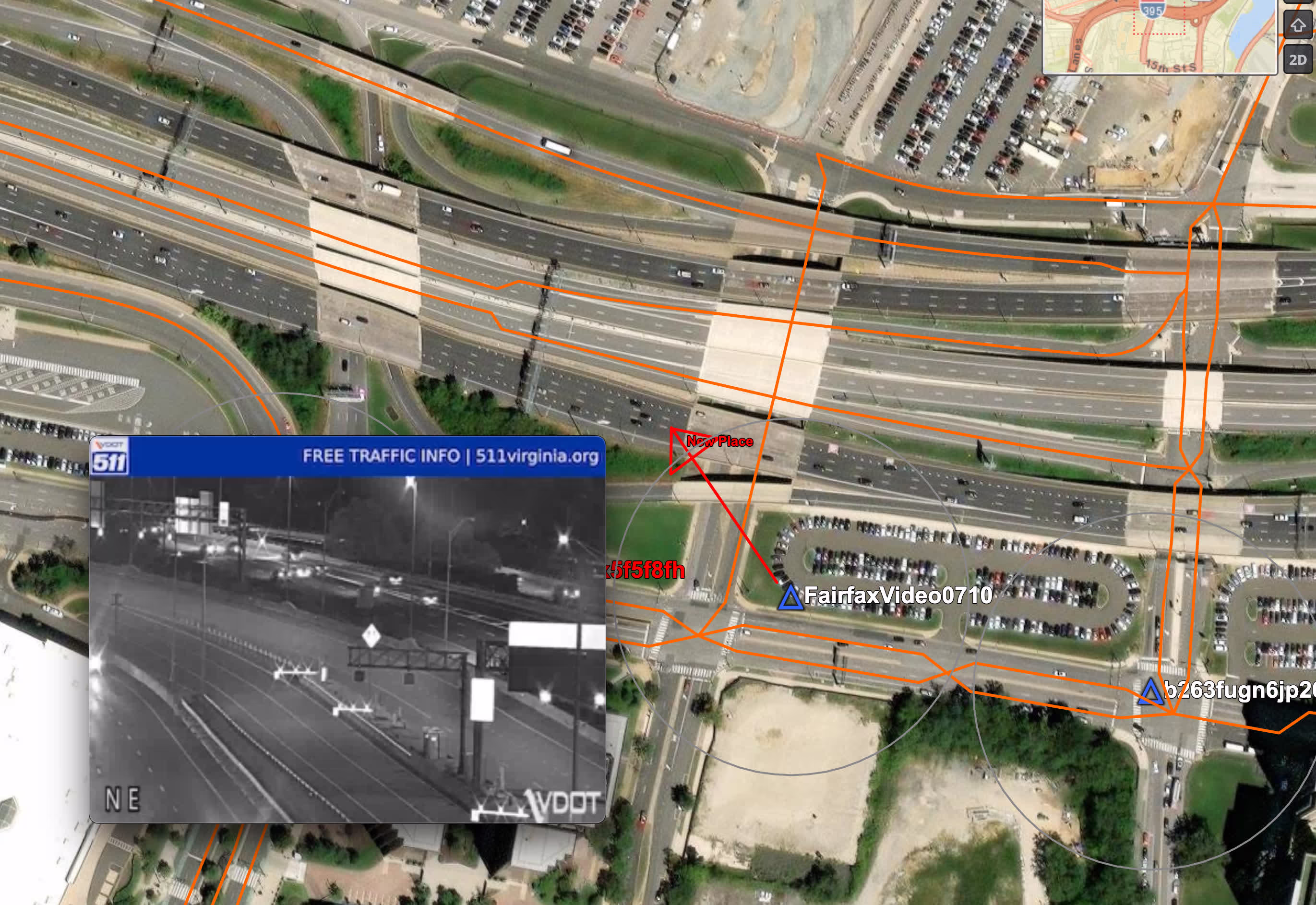 VDOT highway surveillance camera with narrow field of view focused on Interstate showing limited coverage area but triggering false alerts from adjacent side streets in UTS system